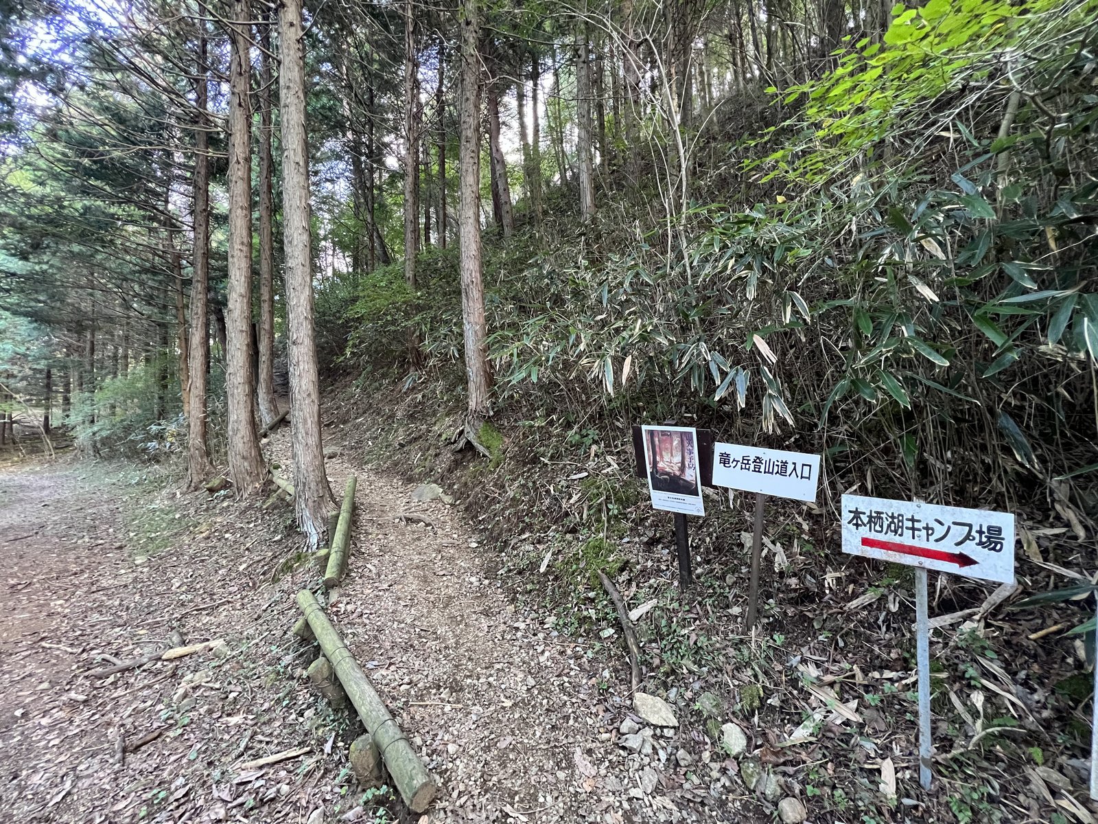 竜ヶ岳登山道入口と本栖湖キャンプ場の案内板 石仏ルートの下山口 ヤマカルテ