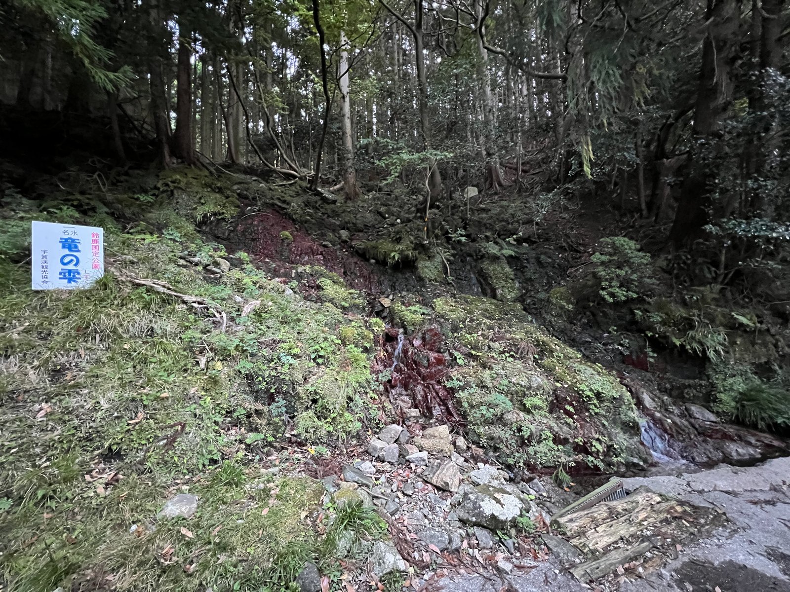 竜ヶ岳 宇賀渓の登山口近くにある水場「竜の雫」の看板 ヤマカルテ