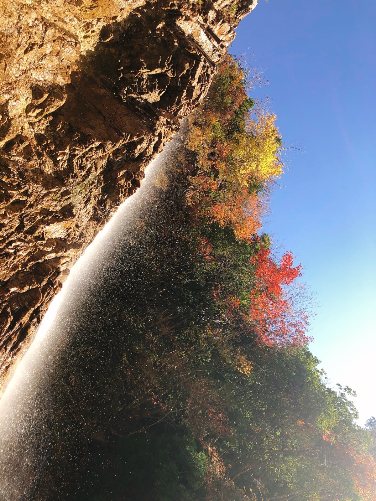 釈迦ヶ岳 庵座の大滝の岩場から見上げた水しぶきと紅葉 2019年11月撮影 ヤマカルテ