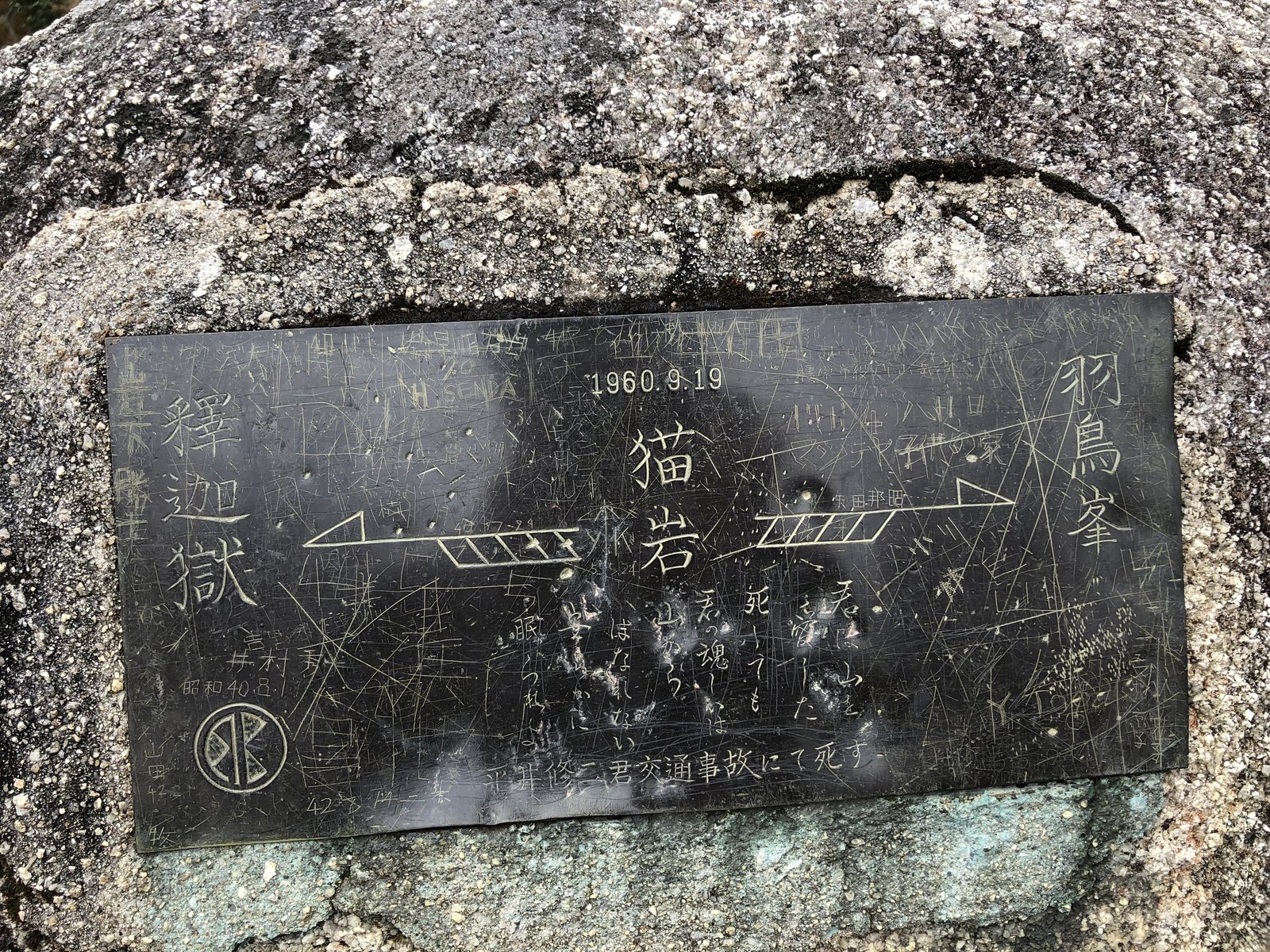 猫岳の猫岩に取りつけられた慰霊のプレート 釈迦嶽と羽鳥峯の方角が刻まれている ヤマカルテ