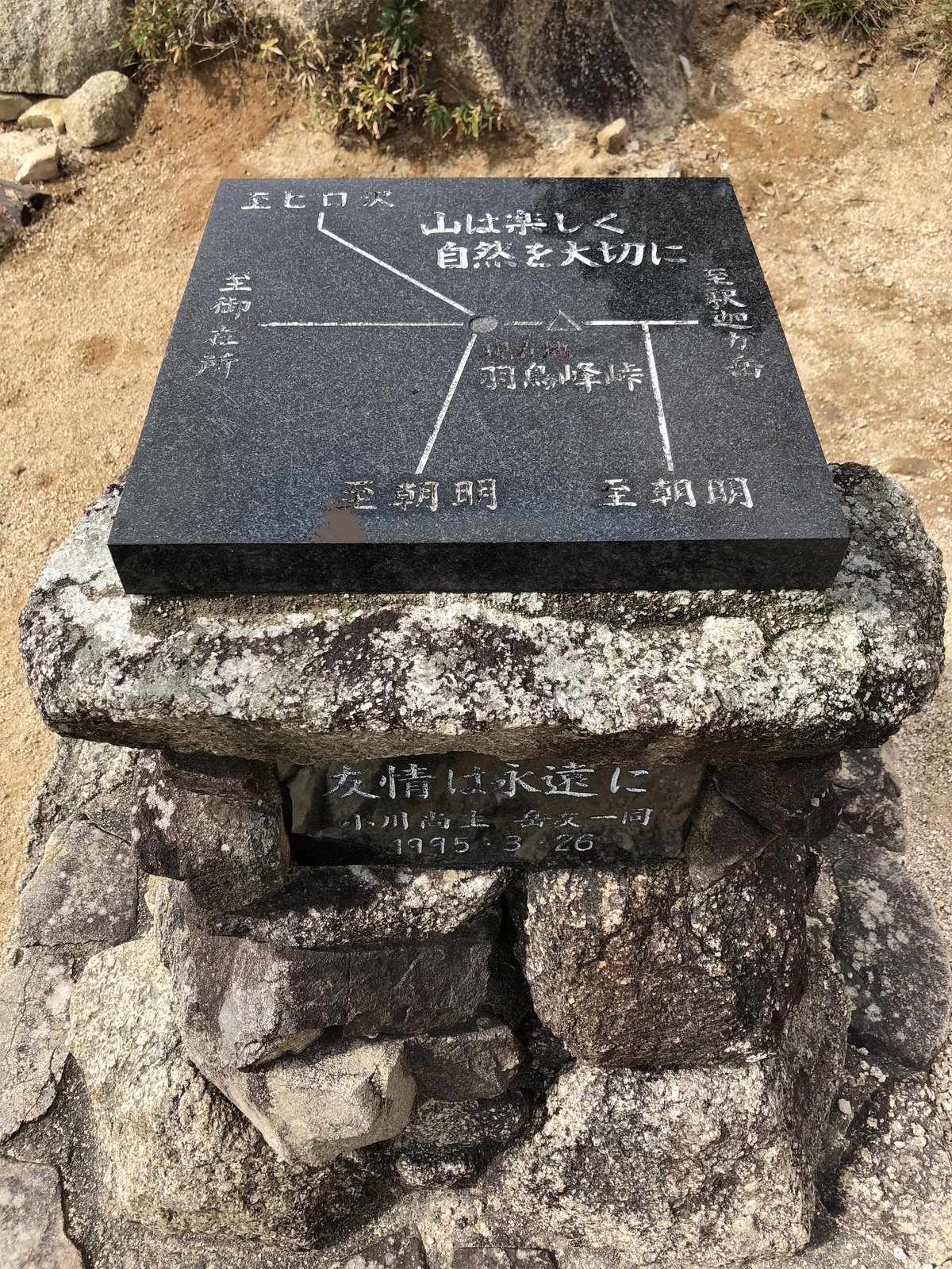 ハト峰(羽鳥峰峠)の石の案内板 朝明・御在所・釈迦ヶ岳の方角を示す ヤマカルテ