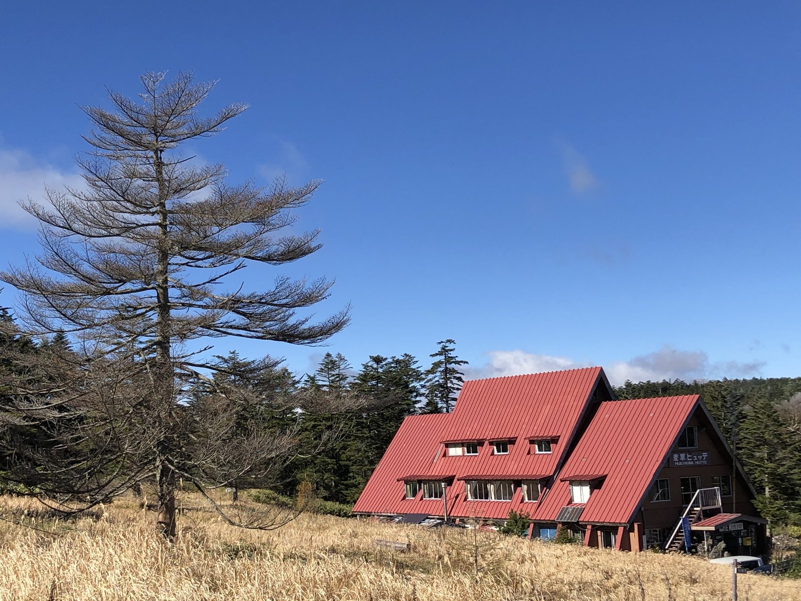 青空の下の赤い三角屋根の麦草ヒュッテ 麦草峠の山小屋 ヤマカルテ