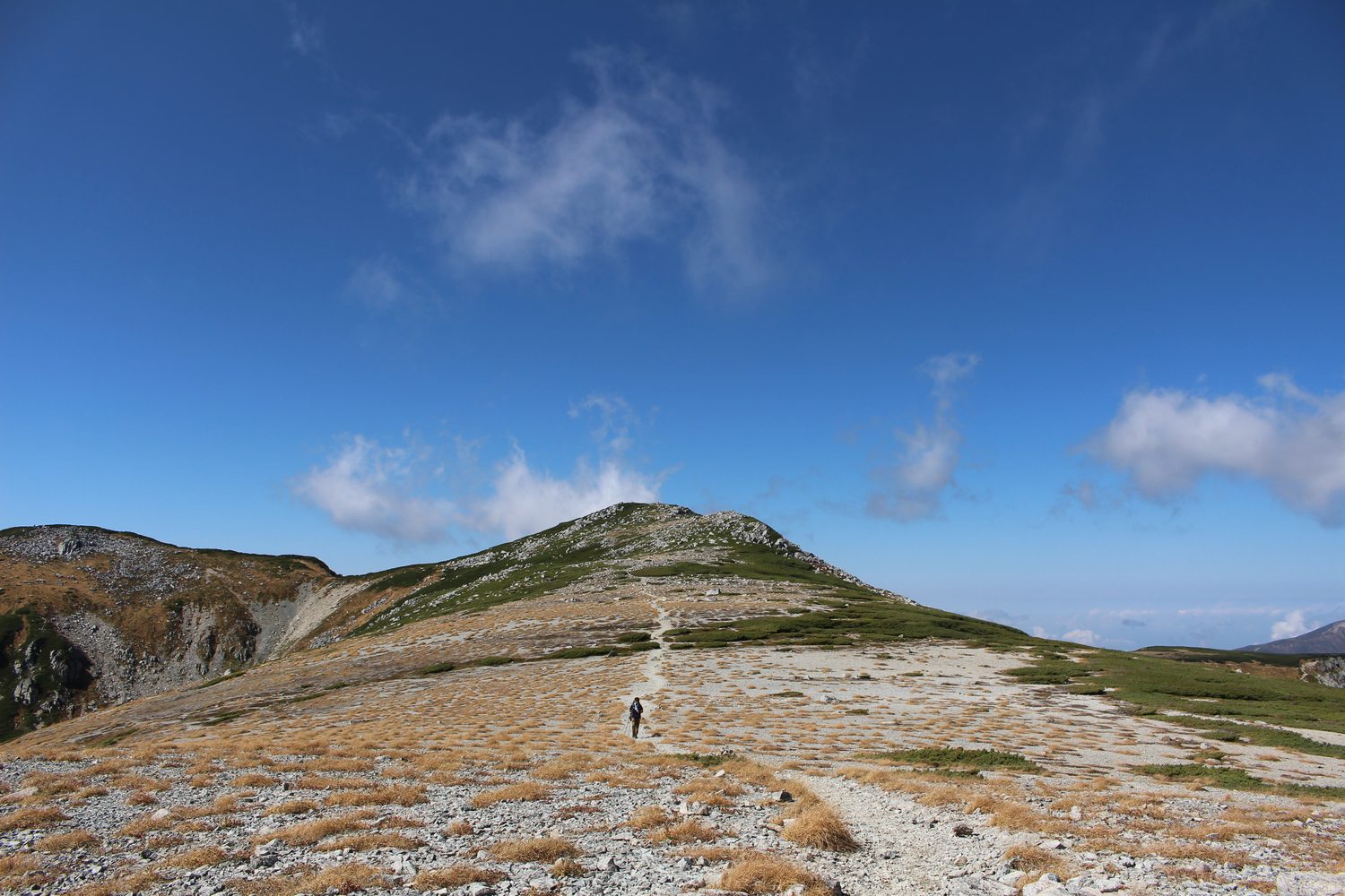 天空の滑走路と呼ばれる双六岳の登山道 広い大地に一本伸びる道