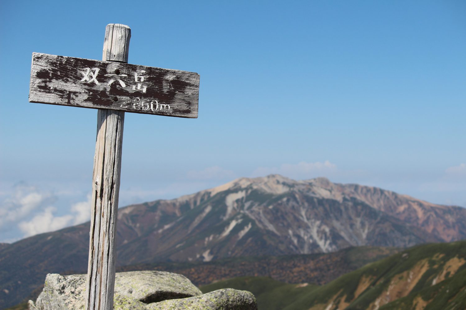 双六岳の山頂標と背後の薬師岳 標高2860m
