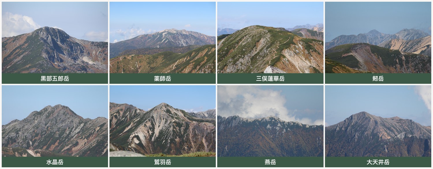 双六岳の山頂から一望できる北アルプスの山々 黒部五郎岳 薬師岳 三俣蓮華岳 剱岳 水晶岳 鷲羽岳 燕岳 大天井岳