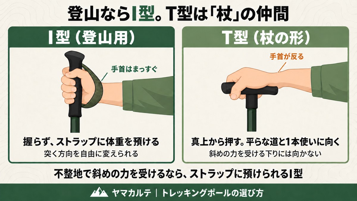 I型とT型のグリップの違い I型は手首をまっすぐにストラップへ体重を預け T型は横棒を握って真上から押し手首が反る 登山ならI型 ヤマカルテ