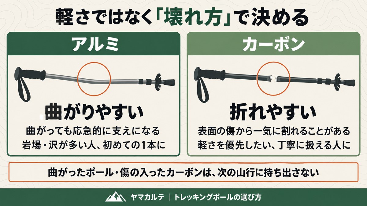 アルミとカーボンのトレッキングポールの壊れ方の違い アルミは曲がりやすく応急的に使える カーボンは折れやすい ヤマカルテ