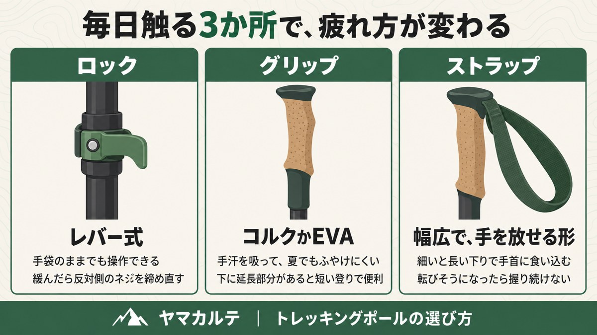 トレッキングポールのロック・グリップ・ストラップの選び方 レバー式・コルクかEVA・幅広で手を放せる形 ヤマカルテ