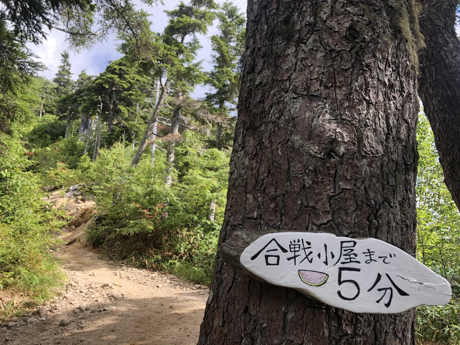 合戦小屋まで5分を示す手書きの標識 スイカの絵が描かれた燕岳合戦尾根