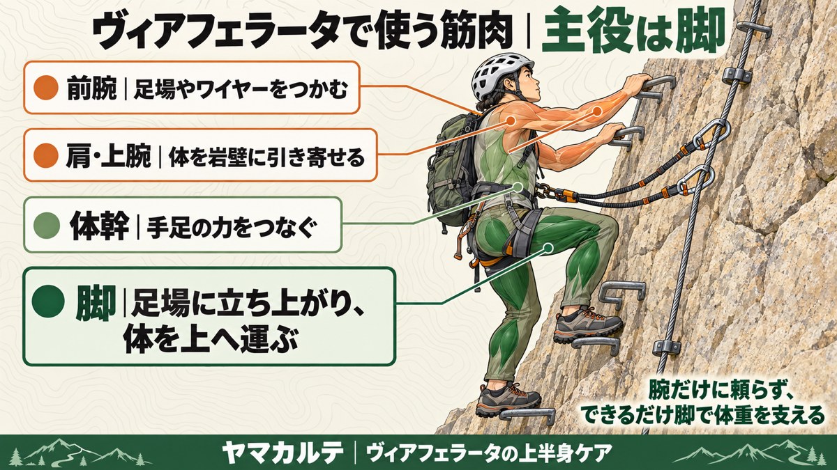 ヴィアフェラータで使う筋肉の図解 主役は脚、前腕は足場やワイヤーをつかむ、肩・上腕は体を岩壁に引き寄せる、体幹は手足の力をつなぐ、脚は足場に立ち上がり体を上へ運ぶ、腕だけに頼らずできるだけ脚で体重を支える ヤマカルテ