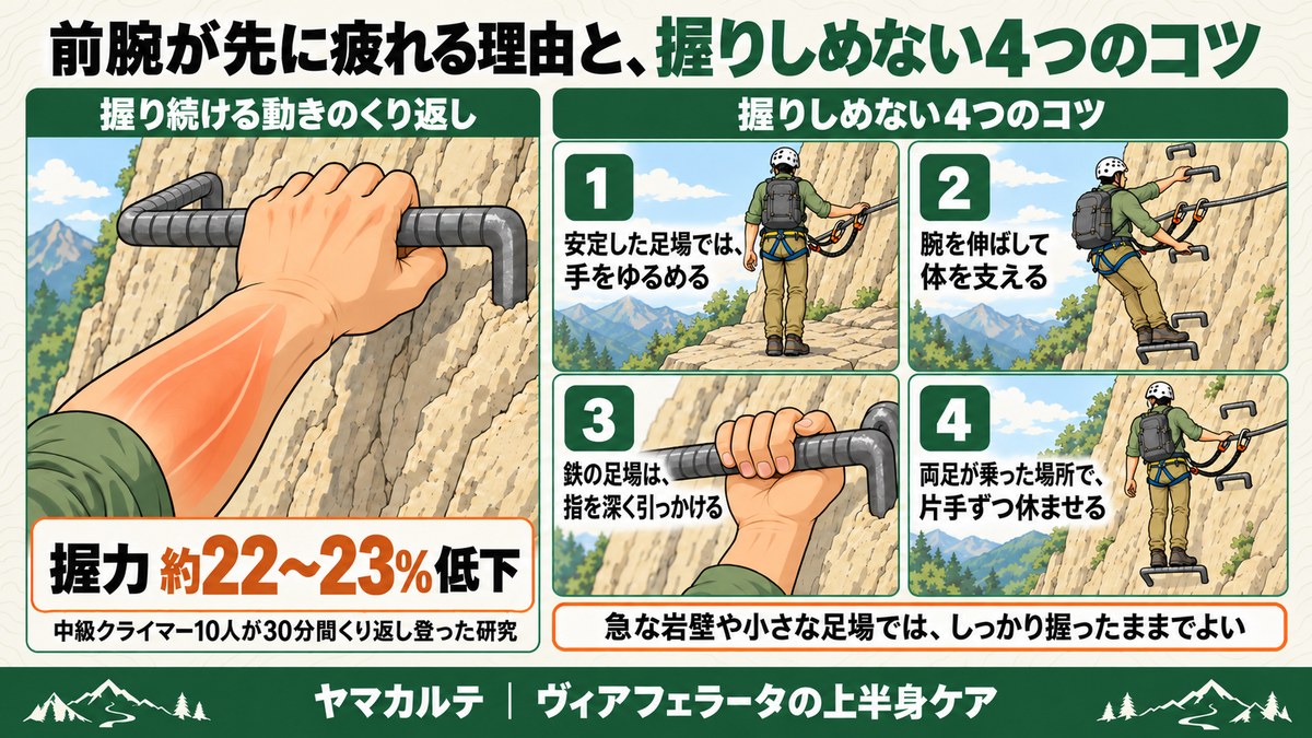 前腕が先に疲れる理由と握りしめない4つのコツの図解 握り続ける動きのくり返しで握力が約22〜23%低下、安定した足場では手をゆるめる、腕を伸ばして体を支える、鉄の足場は指を深く引っかける、両足が乗った場所で片手ずつ休ませる、急な岩壁や小さな足場ではしっかり握ったままでよい ヤマカルテ