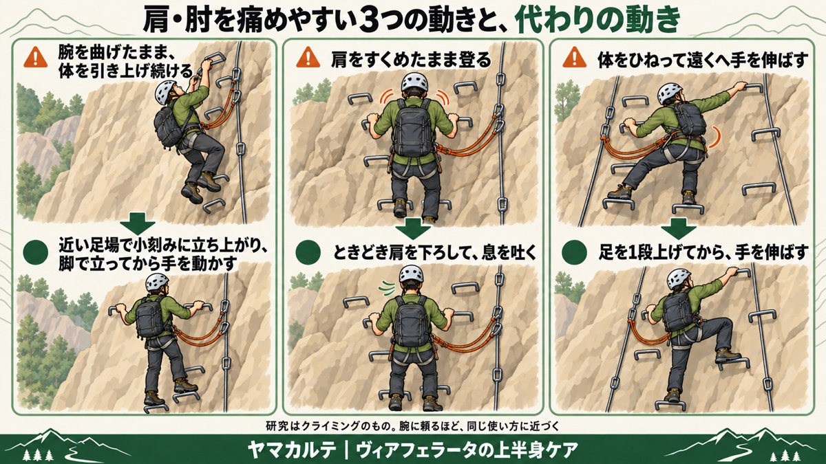 肩・肘を痛めやすい3つの動きと代わりの動きの図解 腕を曲げたまま体を引き上げ続けるより近い足場で小刻みに立ち上がる、肩をすくめたまま登るよりときどき肩を下ろして息を吐く、体をひねって遠くへ手を伸ばすより足を1段上げてから手を伸ばす ヤマカルテ