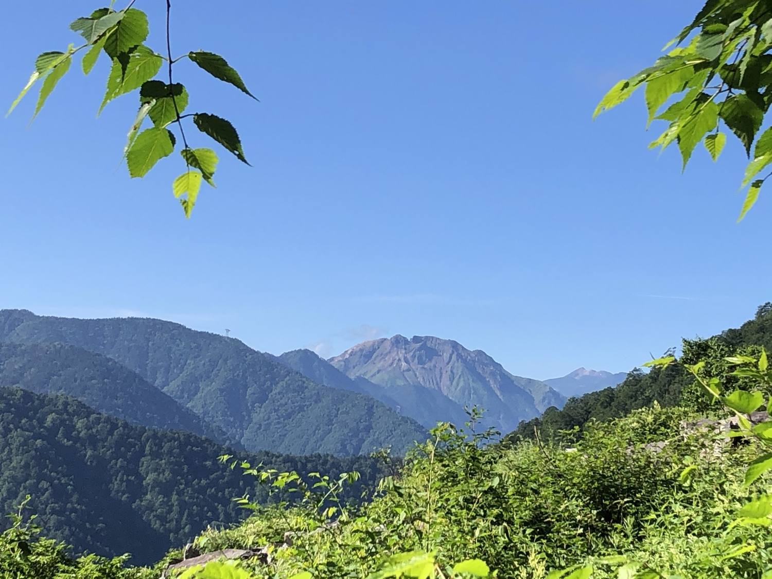 小池新道から振り返って見えた焼岳 夏空と北アルプスの展望