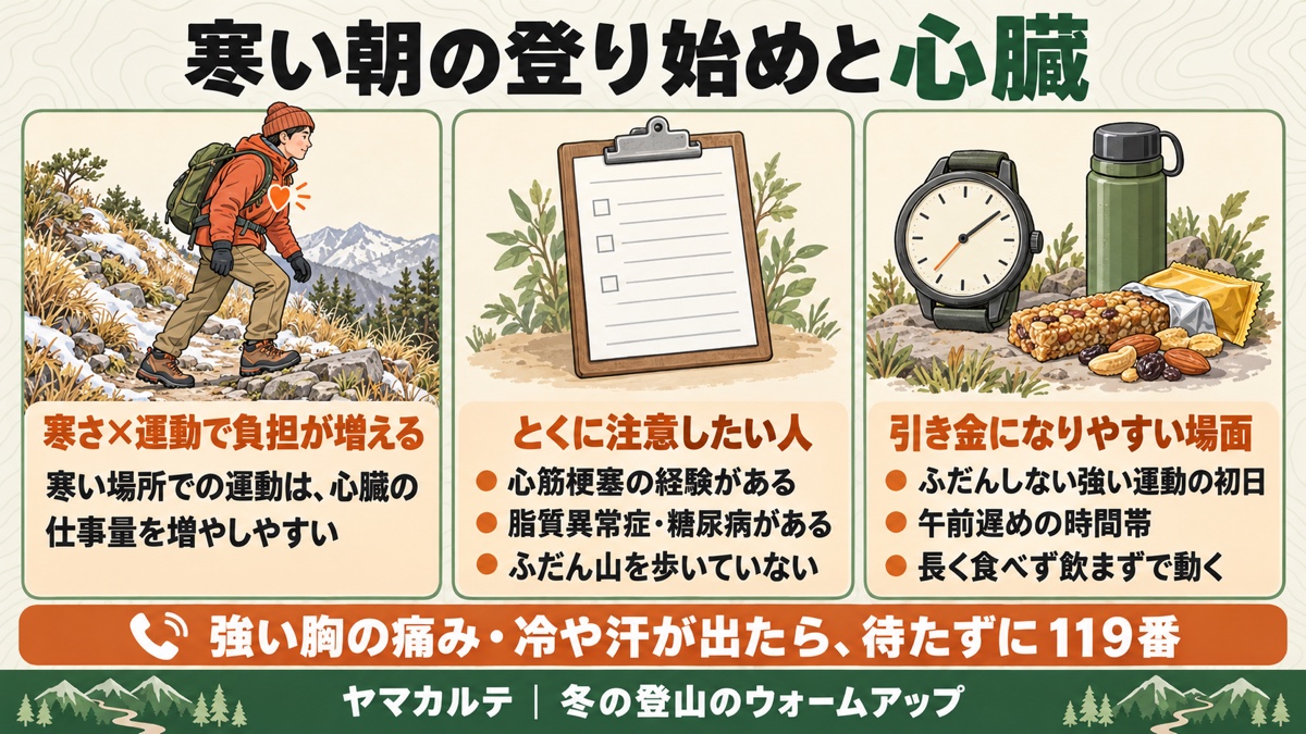 寒い朝の登り始めと心臓の図解 寒さと運動で心臓の仕事量が増えやすい、とくに注意したいのは心筋梗塞の経験・脂質異常症・糖尿病・ふだん山を歩いていない人、引き金はふだんしない強い運動の初日・午前遅め・長く食べず飲まず、強い胸の痛みや冷や汗は待たずに119番 ヤマカルテ