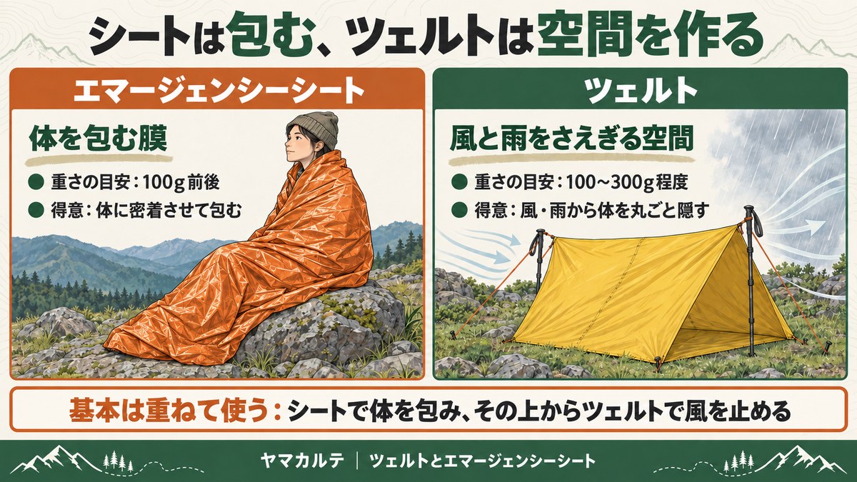 エマージェンシーシートは体を包む膜で重さの目安100g前後、ツェルトは風と雨をさえぎる空間で100〜300g程度 基本はシートで体を包みその上からツェルトで風を止める ヤマカルテ
