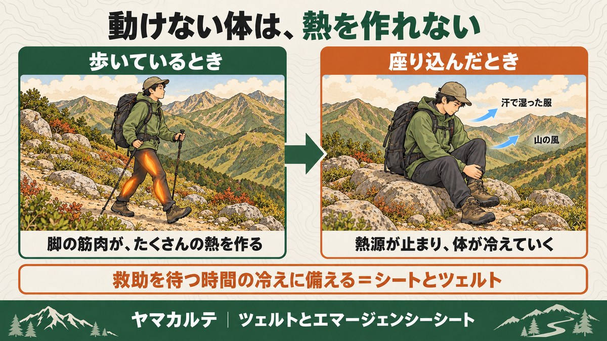 歩いているときは脚の筋肉が熱を作るが、座り込むと熱源が止まり汗で湿った服と山の風で体が冷えていく 救助を待つ時間の冷えにシートとツェルトで備える ヤマカルテ