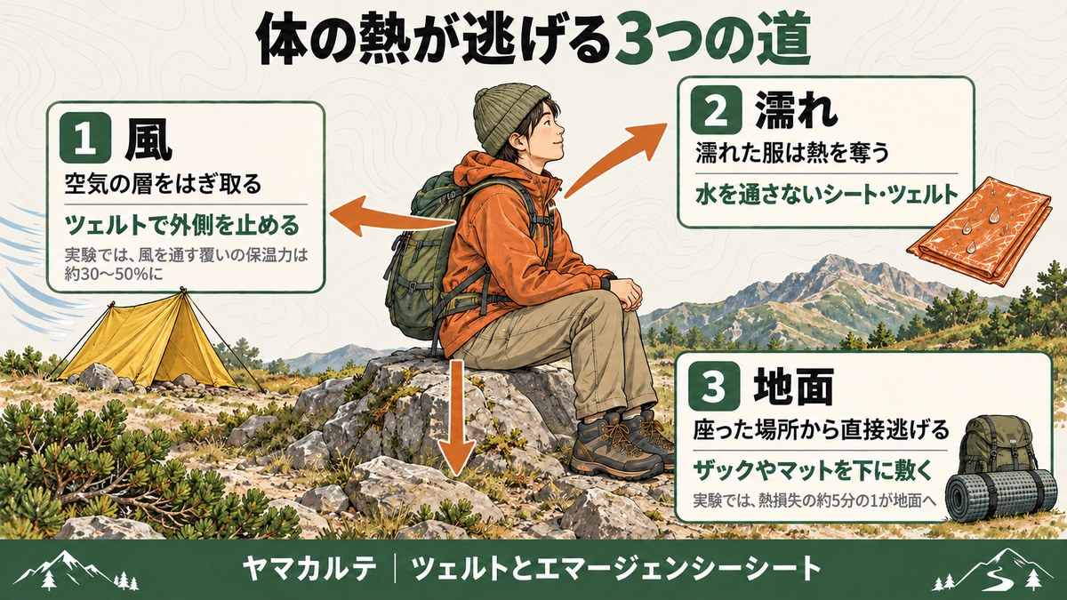 体の熱が逃げる3つの道 風はツェルトで外側を止める 濡れは水を通さないシート・ツェルト 地面はザックやマットを下に敷く 実験では風を通す覆いの保温力は約30〜50%、熱損失の約5分の1が地面へ ヤマカルテ