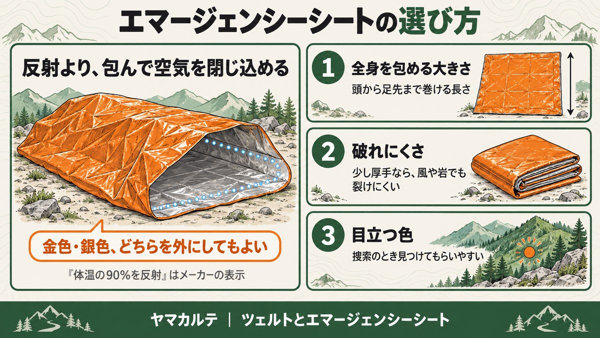 エマージェンシーシートの選び方 反射より包んで空気を閉じ込める 金色・銀色どちらを外にしてもよい 全身を包める大きさ・破れにくさ・目立つ色の3つの基準 ヤマカルテ