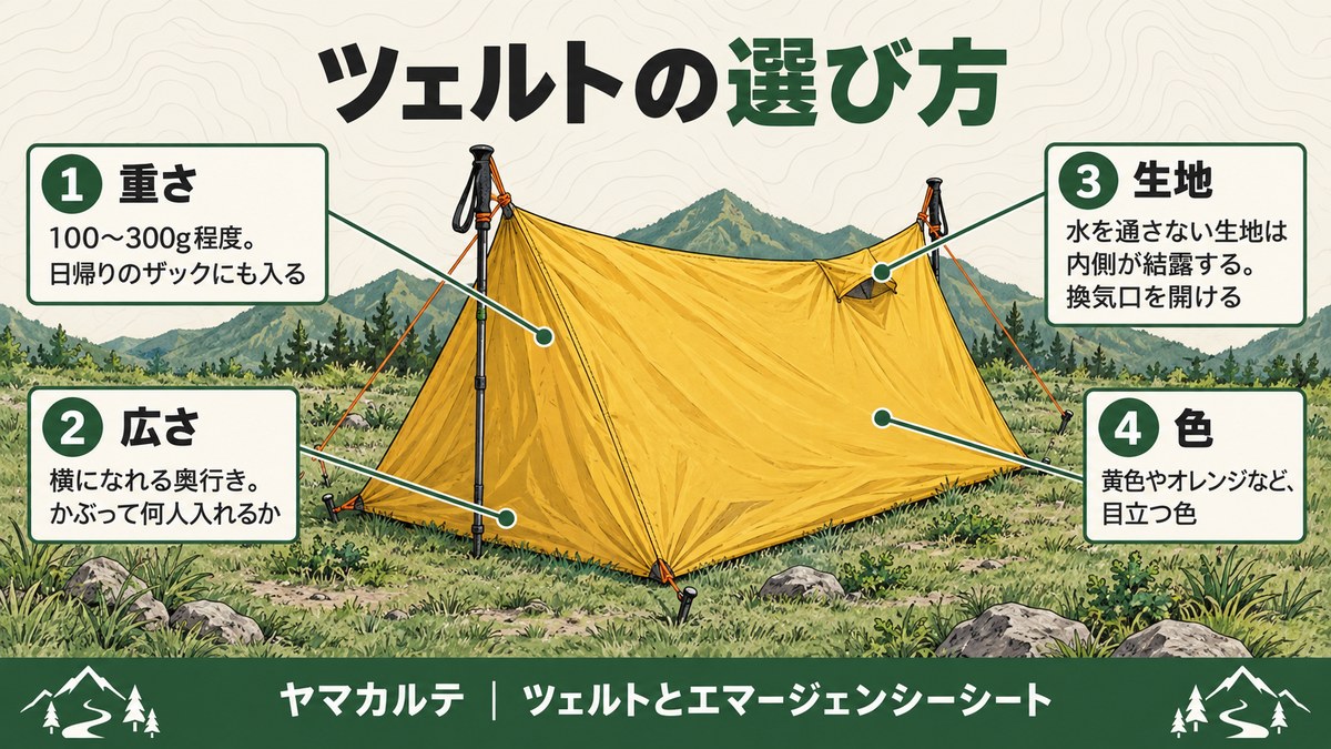 ツェルトの選び方 重さは100〜300g程度 広さは横になれる奥行きとかぶって何人入れるか 生地は水を通さないと内側が結露するので換気口を開ける 色は黄色やオレンジなど目立つ色 ヤマカルテ