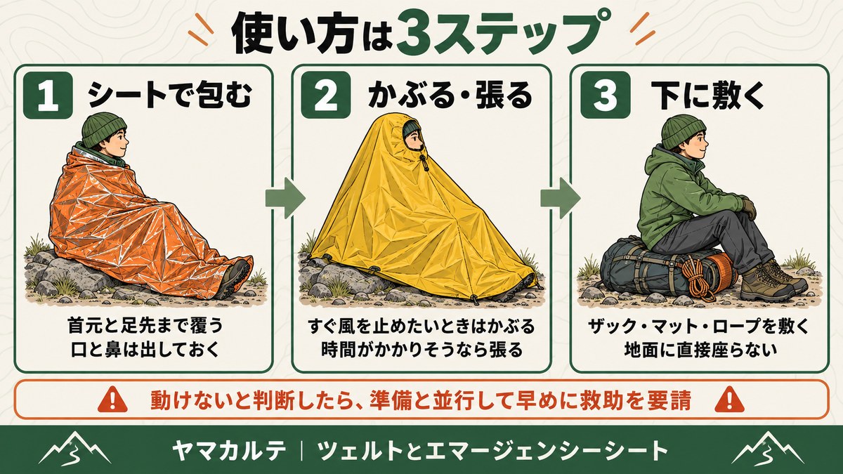 ツェルトとシートの使い方3ステップ 1シートで包む(口と鼻は出しておく)2かぶる・張る 3ザック・マット・ロープを下に敷く 動けないと判断したら準備と並行して早めに救助を要請 ヤマカルテ