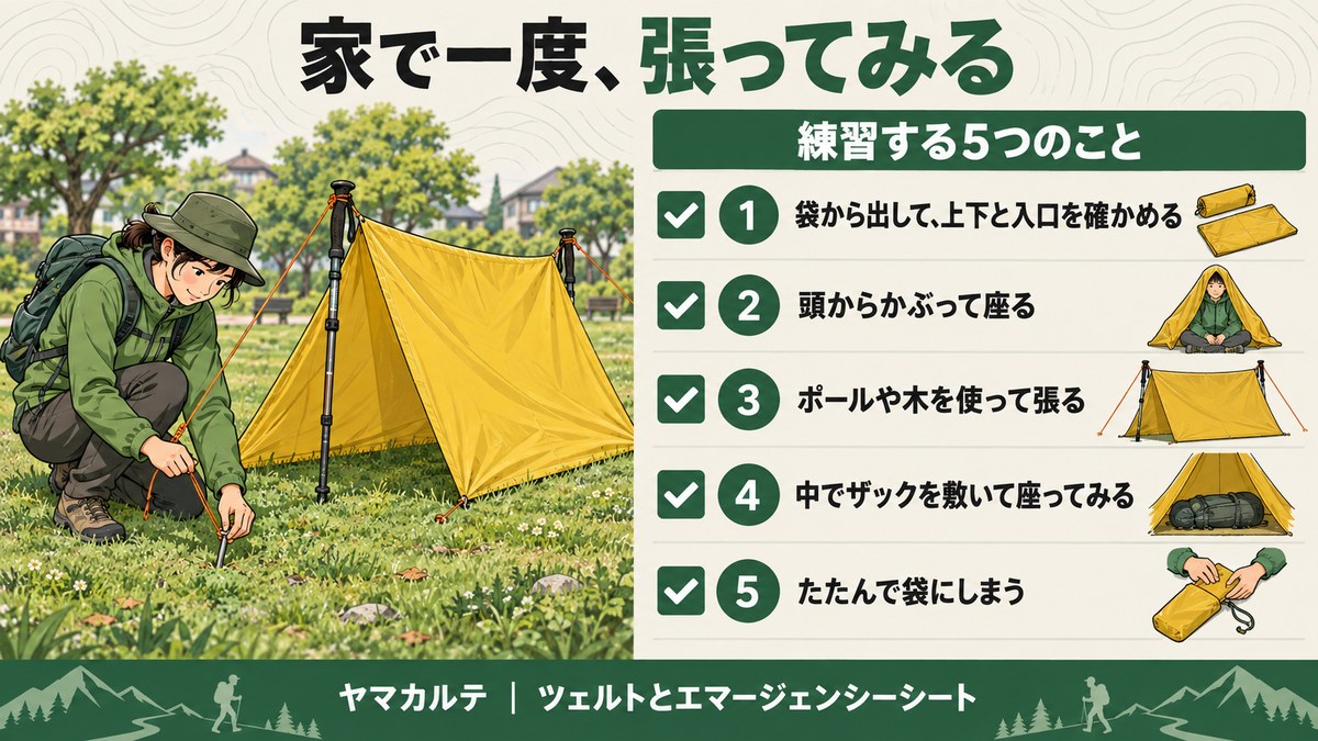 家で一度ツェルトを張ってみる 練習する5つのこと 袋から出して上下と入口を確かめる・頭からかぶって座る・ポールや木を使って張る・中でザックを敷いて座ってみる・たたんで袋にしまう ヤマカルテ